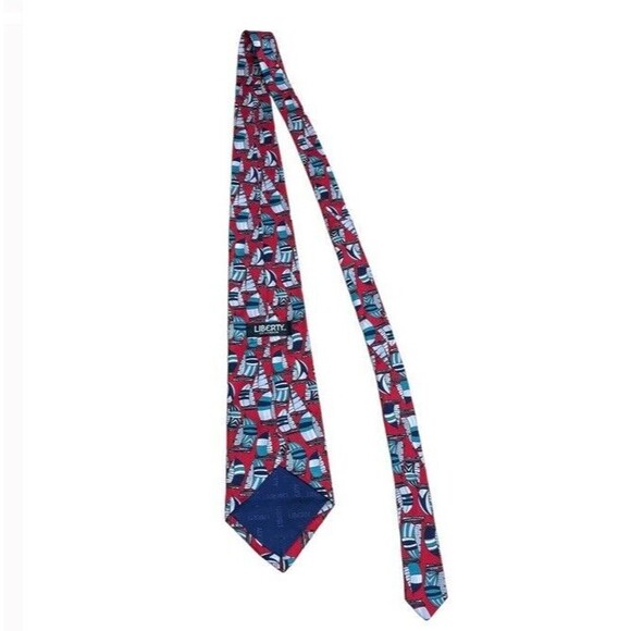 LIBERTY London Sailboat Silk Tie Wide Nautical Red Navy Blue Coastal Preppy EUC - Picture 4 of 9